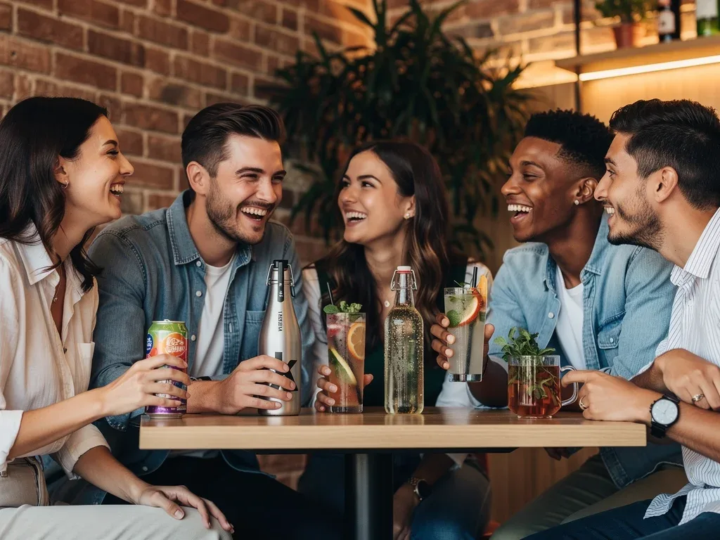 Young adults socializing with non-alcoholic functional drinks