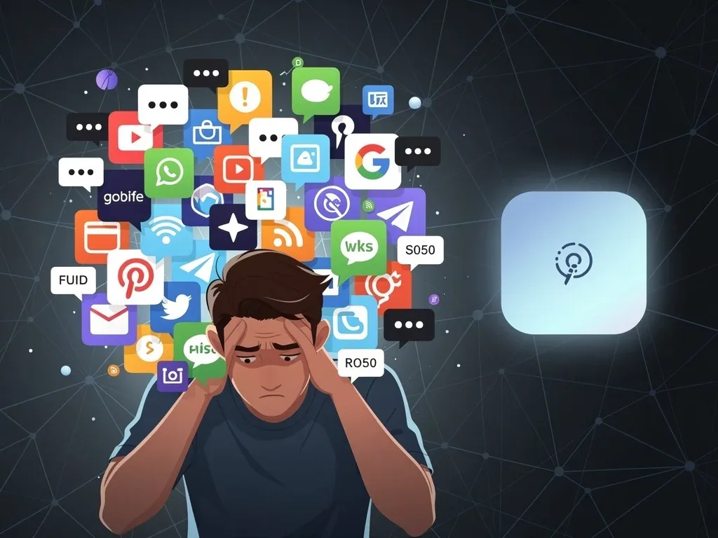 Overwhelmed consumer facing numerous subscription icons, seeking simpler micro-access solutions.