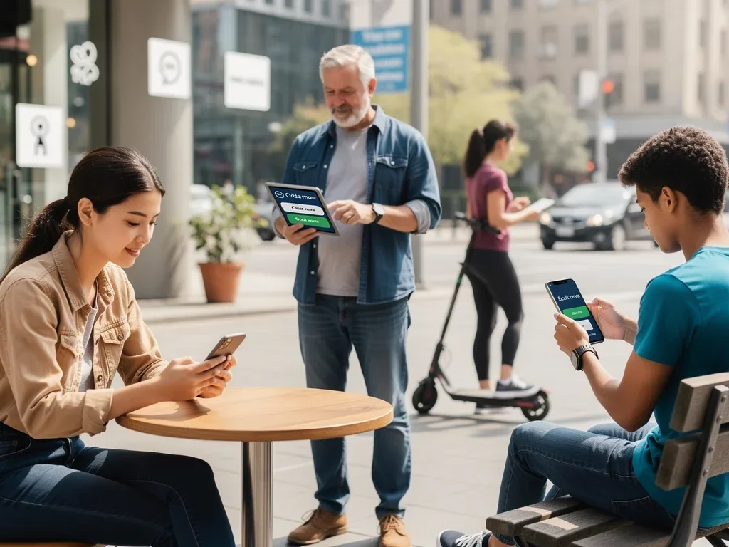 People using devices for on-demand micro-access services, highlighting flexibility.